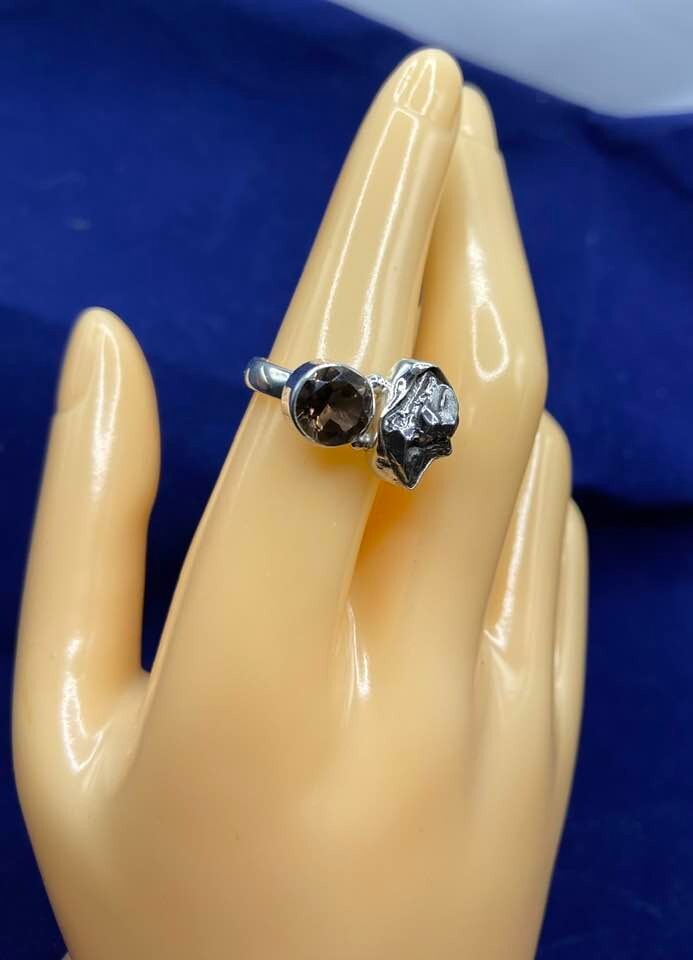 GIBEON Meteorite & Smoky Topaz Ring - Size 6.5 Space Astronomy Natural 10.03 ct