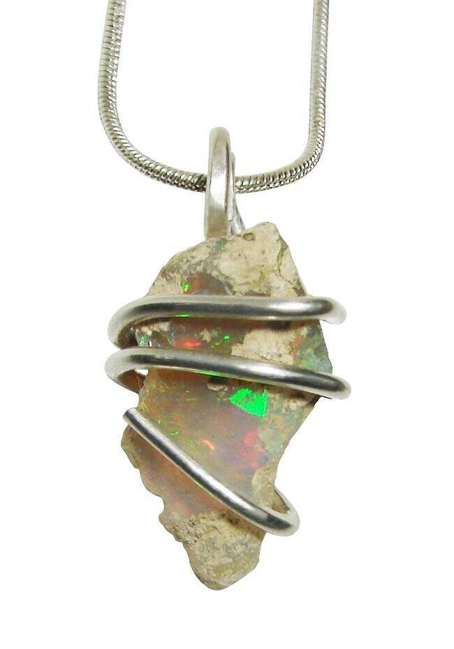 Ethiopian Opal Pendant Necklace, Sterling Raw Opal, October Birthstone #11