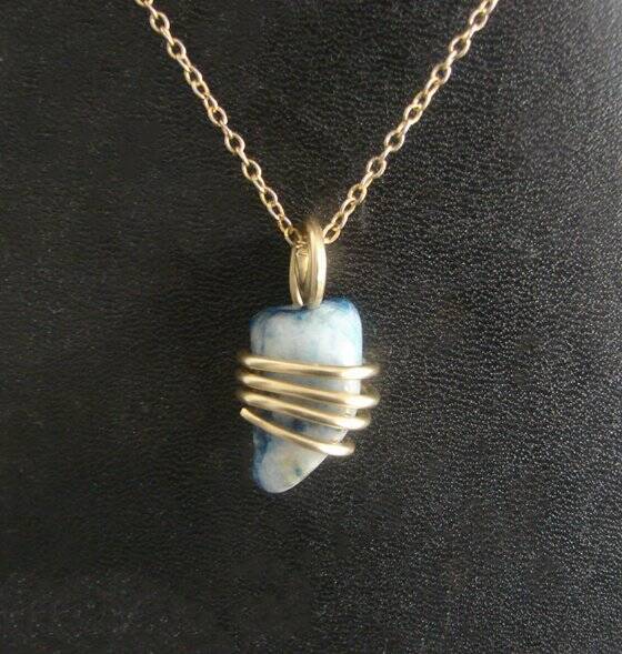Rare Natural Lazulite Hand Forged Art Wrap Pendant Merlin's Gold #152