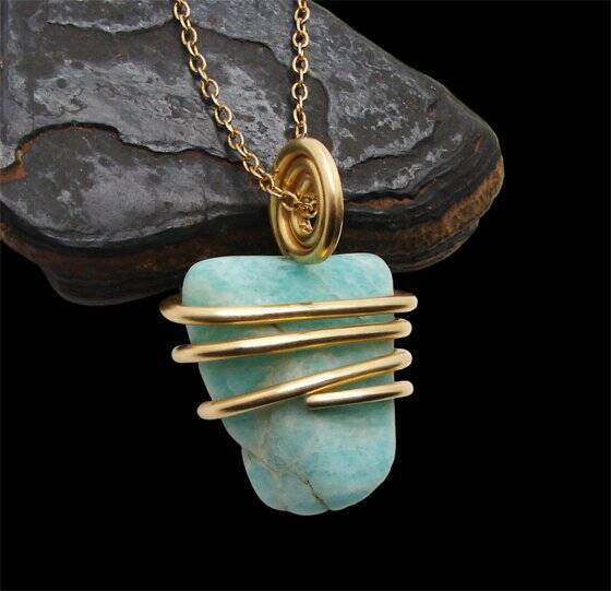 Amazonite Set In Merlin's Gold Forged Wrap Pendant #53, 17.6 Grams
