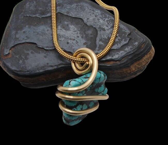 Gorgeous Hand Forged Natural Blue Turquoise Pendant Bronze Merlin's Gold #52