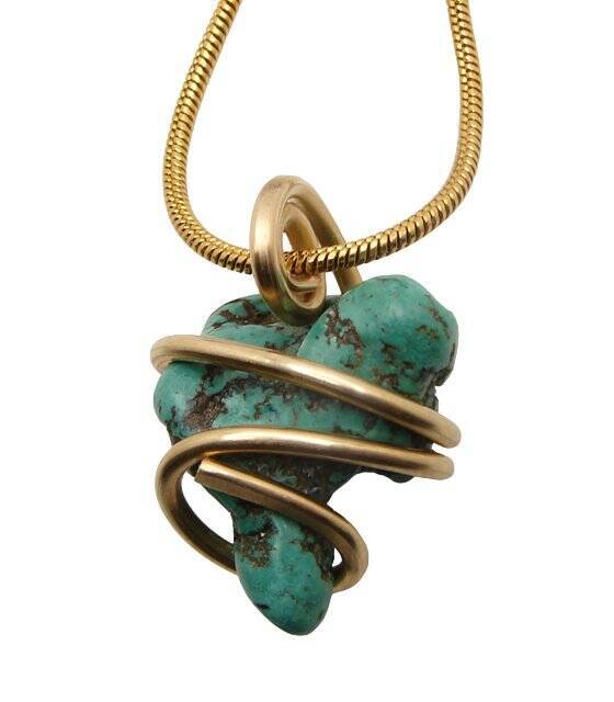 Gorgeous Hand Forged Natural Blue Turquoise Pendant Bronze Merlin's Gold #55
