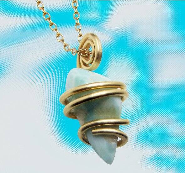 Natural Larimar Dolphin Stone Bronze Merlin's Gold Gemstone Pendant #52