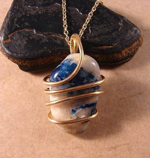 Natural Lazulite Hand Forged Art Wrap Pendant Merlin's Gold #51