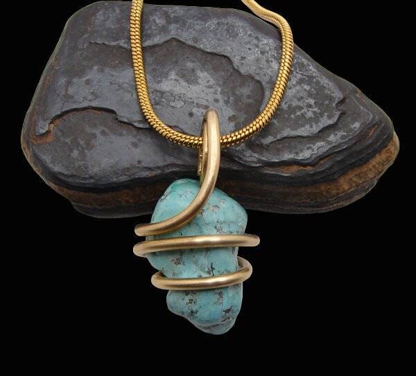 Gorgeous Hand Forged Natural Blue Turquoise Pendant Bronze Merlin's Gold #51