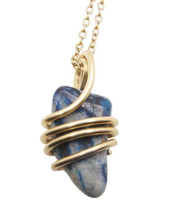 Rare Natural Lazulite Hand Forged Art Wrap Pendant Merlin's Gold #152