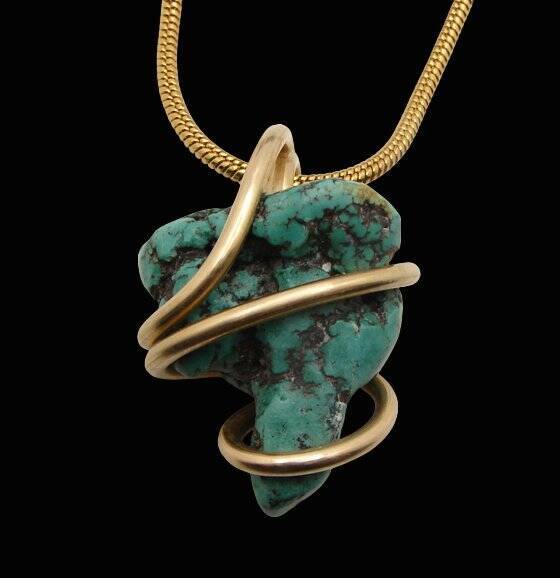 Gorgeous Hand Forged Natural Blue Turquoise Pendant Bronze Merlin's Gold #55