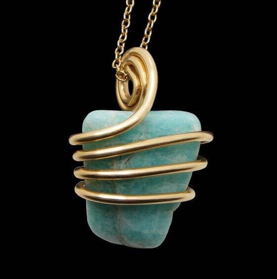 Amazonite Set In Merlin's Gold Forged Wrap Pendant #53, 17.6 Grams