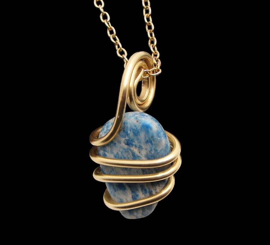 Rare Natural Lazulite Hand Forged Art Wrap Pendant Merlin's Gold #114