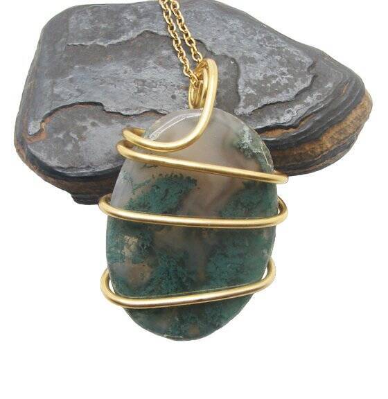 MOSS AGATE CRYSTAL PENDANT NECKLACE BRONZE #10