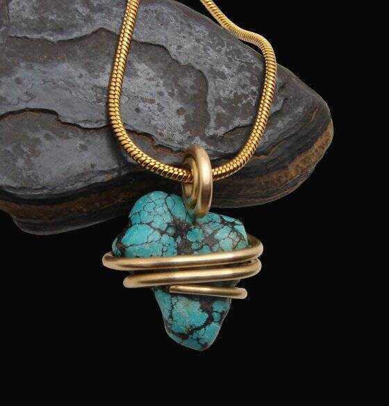 Gorgeous Hand Forged Natural Blue Turquoise Pendant Bronze Merlin's Gold #52